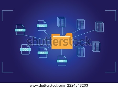 Concept : Document management system , folder and document icon software, searching and managing files online document database, for efficient archiving 