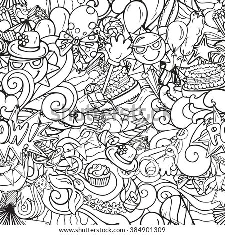 Monochrome doodle party objects in hand drawn style