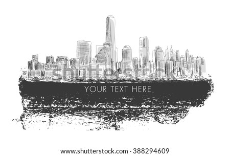 New York city, vector  monochrome drawing in sketch outline style with grunge banner for text. Very useful for poster, banner, travel