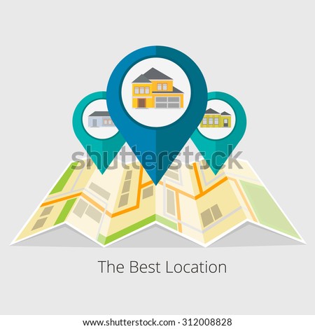 Vector illustration of real estate infographic pointing to the house. Real estate, house for sale, installment sale, credit,rent.  The best location