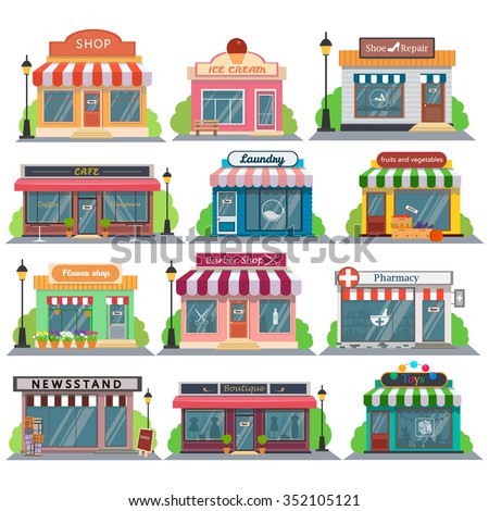 Set of vector flat design restaurants and shops facade icons.Includes shop,newspaper,coffee shop,ice cream shop, flower shop,vegetable store,Laundry, barber,shoe repair, pharmacy,boutique,toy store.
