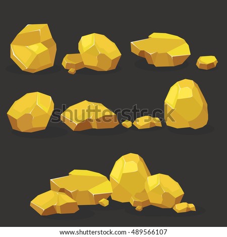 Gold rock,nugget set. Stones single or piled for damage and rubble for game art architecture design