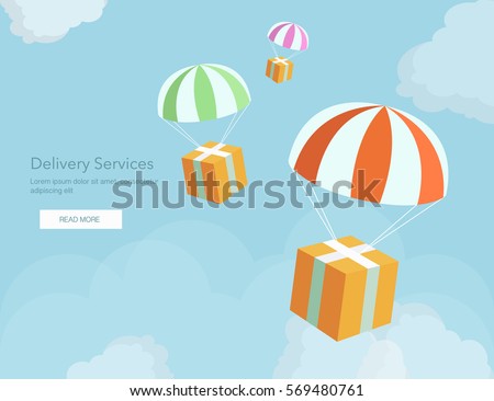 Web banner for Delivery Services and E-Commerce. Packages are flying on parachutes.Flat elements isolated vector illustration