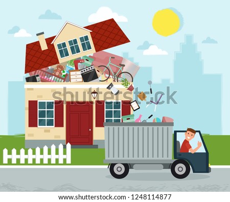 The concept of excessive consumerism. House bursting of stuff. Throwing away things from house. Junk removal. Vector illustration.