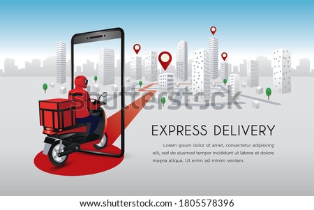 Fast delivery man with motorcycles. Customers ordering on mobile application,The motorcyclist goes according to the GPS map,The background is blue and gray with buildings and trees.