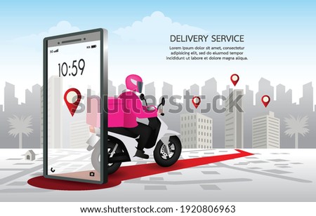 Fast delivery man with motorcycles. Customers ordering on mobile application,The motorcyclist goes according to the GPS map,The background is landscape city. Illustration vector design for banner, web