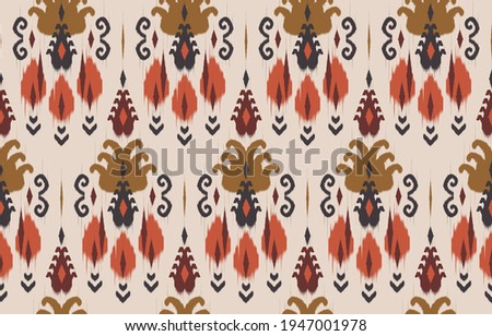 Orange Ethnic abstract ikat art. Seamless pattern in tribal, folk embroidery, and Mexican style. Aztec geometric art ornament print. Design for carpet, wallpaper, clothing, wrapping, fabric, cover, textile