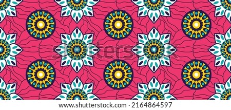 African ethnic traditional pink background pattern. seamless beautiful Kitenge, chitenge style. fashion design in colorful. Geometric circle abstract motif. Floral Ankara prints, African wax prints.