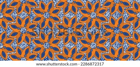 African wax print pattern. seamless beautiful Kitenge, chitenge, dutch wax, and Angara style. geometric shapes fashion design in colorful. orange botanical flower on blue background. African Wax Print