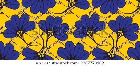 African wax print pattern. seamless beautiful Kitenge, chitenge, dutch wax, and Angara style. fashion design in colorful. blue botanical flower on yellow background. African Wax Print Fabric.