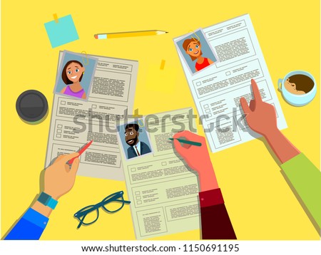 The HR Manager reviews the resumes of candidates for jobs of businessmen and women . Search, check and hire employees. Headhunting concept vector illustration in flat style.