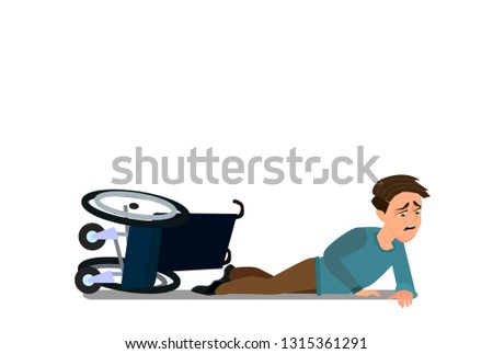 Little boy fell off wheelchair sitting on the floor. Vector illustration in cartoon style.