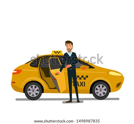 Smiling young taxi driver near his car.Taxi service. Vector illustration in flat style.