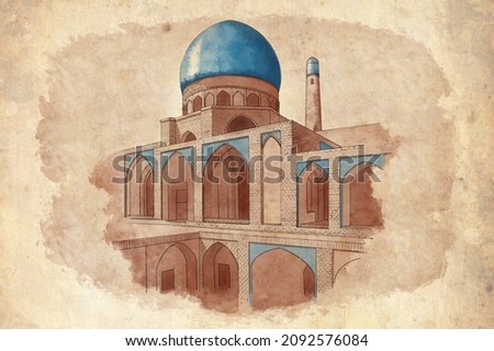 A real hand-drawn color sketch (digital pencil and brush) of a mosque in Persian style with old paper vintage effect. Islamic architecture