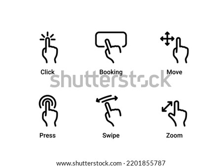 Line Icon Set. Click, Booking, Move, Press, Swipe, Zoom, Hand, Touch. Black icons with White Background