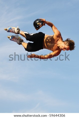 MOSCOW - JULY 31: Marco de Santi (Brazil) performs a jump in Luzhniki Olympic Arena on July 31, 2010 in Moscow, Russia.