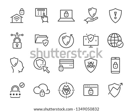 set of security icons, such as guard, cyber lock, unlock, shield, key