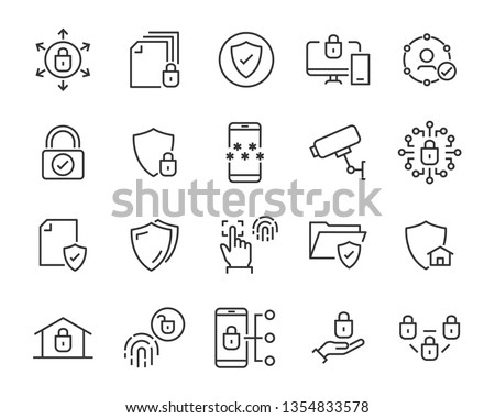 set of security icons, such as guard, cyber lock, unlock, shield, key