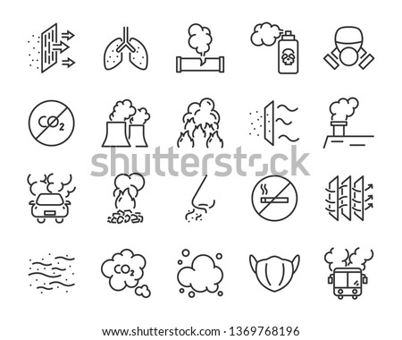 set of air pollution icons, such as smog, dust, smoke, emission