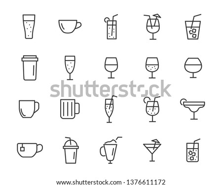 set of drinks icons, water, soft drink, alcohol, juice, glass, milk shake