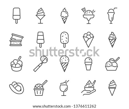 set of ice cream icons, such as  parfait, frozen yogurt, ice cream sundae, vanilla, chocolate 