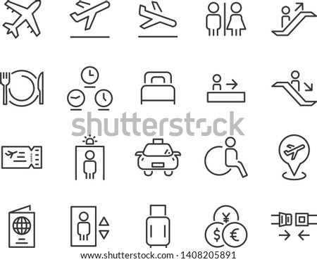 set of airport icons, such as airplane, ticket, world time, passport, money exchange, transport