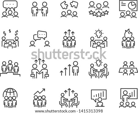 set of meeting icons, such as seminar, classroom, team, conference, work, classroom