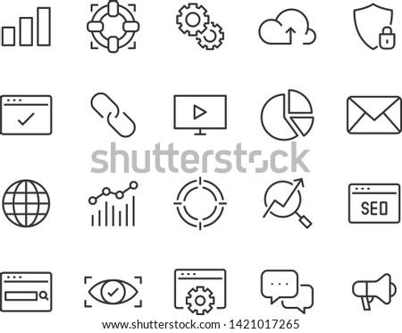 set of seo line icons, such as website, internet, support, download, button