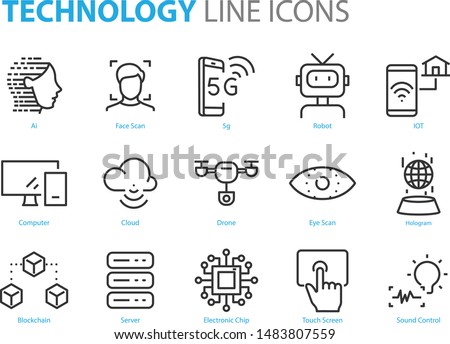 set of technology icons, 5g, ai, gesture, robot, iot