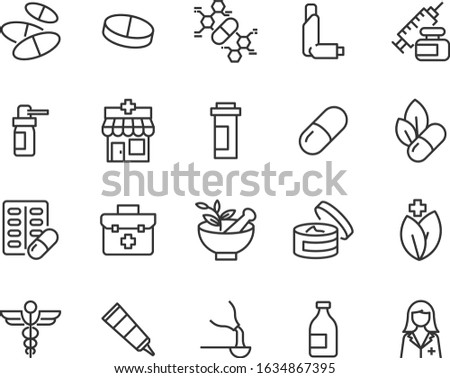 set of medicine icons, pills, pharmacy, capsule, tablet