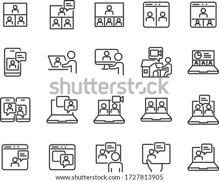 set of online meeting icons, work form home, social distancing, video conference, content creator