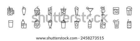 set of cold drinks icon, sparkling water, iced coffee