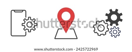 set of simple icon. gear, setting, sync, mobile, location and map pin. white background. vector illustration.