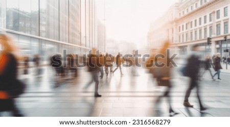 Similar – Image, Stock Photo Blurred people walking in a large tunnel of a train station. The New Normal. A group of people rushing through a subway corridor.