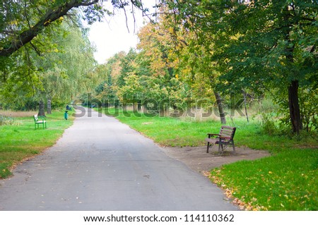 bench in yellow autumn park, unrecognizable people far on the lane