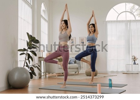 Similar – Image, Stock Photo Woman practicing yoga in various poses (asana)