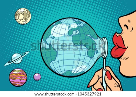 Planet Earth is blown out like a soap bubble. Ecology and environmental protection. Comic book cartoon pop art retro vector illustration