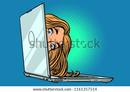 woman peeking out of laptop. Comic cartoon pop art retro vector illustration drawing