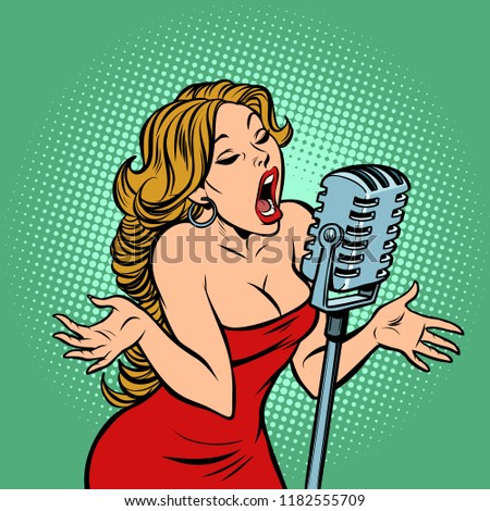 woman singer at the microphone. Music concert scene. Comic cartoon pop art retro vector illustration