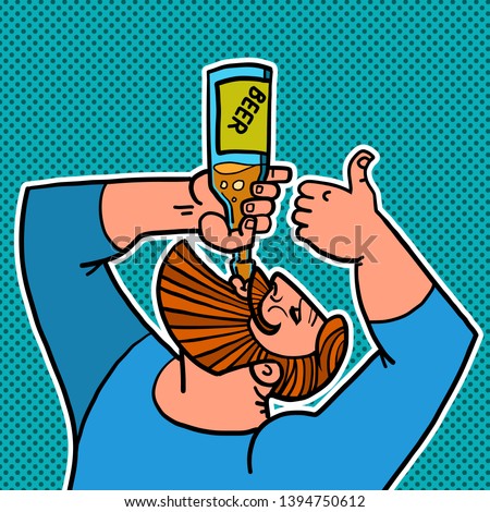 bearded man drinking a bottle of beer. Comic cartoon pop art retro drawing illustration