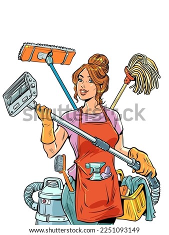 cleaning service A beautiful housewife girl organizes cleaning and life in her house for the whole family and herself. Multitasking housework for wife.