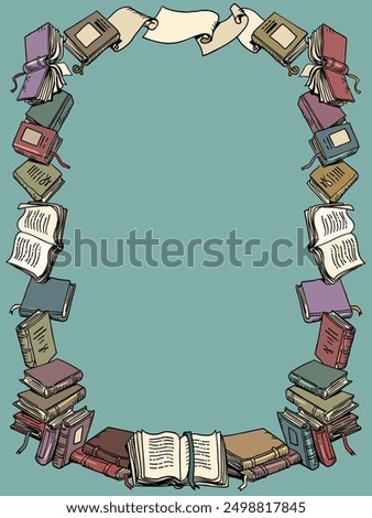 Background frame made of many books and parchments. Bookstore and its assortment. Learning through wisdom and reading. Comic cartoon pop art retro vector illustration hand drawing