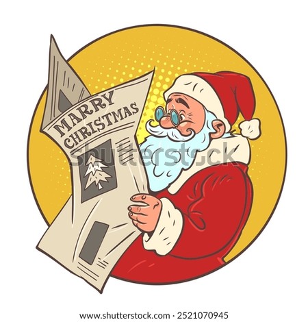 Santa Claus reads a newspaper. New Year's news about the upcoming holiday. Summary for the past year. Comic cartoon pop art retro vector illustration hand drawing. On a white background