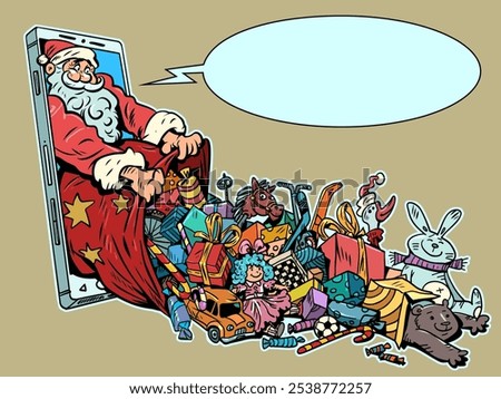 Santa Claus gives toys from the phone. Order gifts for the New Year and Christmas online. Marketplace offers for the upcoming winter holiday. Comic cartoon pop art retro vector illustration hand