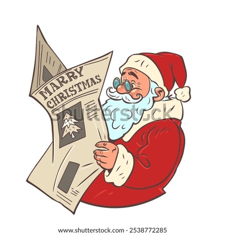 Santa Claus reads a newspaper. New Year's news about the upcoming holiday. Summary for the past year. Comic cartoon pop art retro vector illustration hand drawing. On a white background