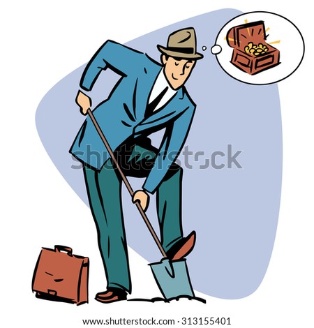 Businessman treasure hunter dreams money business people concept character comic retro style