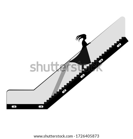 Girl on a moving escalator, simple, black
