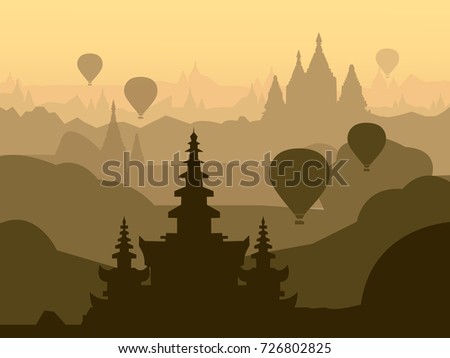 Hot air balloons fly over the ancient pagodas of Bagan.