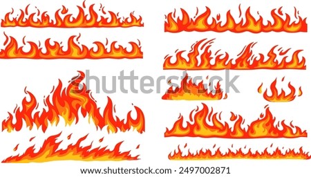 Cartoon fire borders, flame frame, blazing dividers, hot flaming banners, wildfire campfire and ignite elements, fire trail, and flammable border isolated vector set.