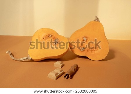 Similar – Image, Stock Photo Halved butternut squash on plate with cutlery and herbs at grey concrete kitchen table background.